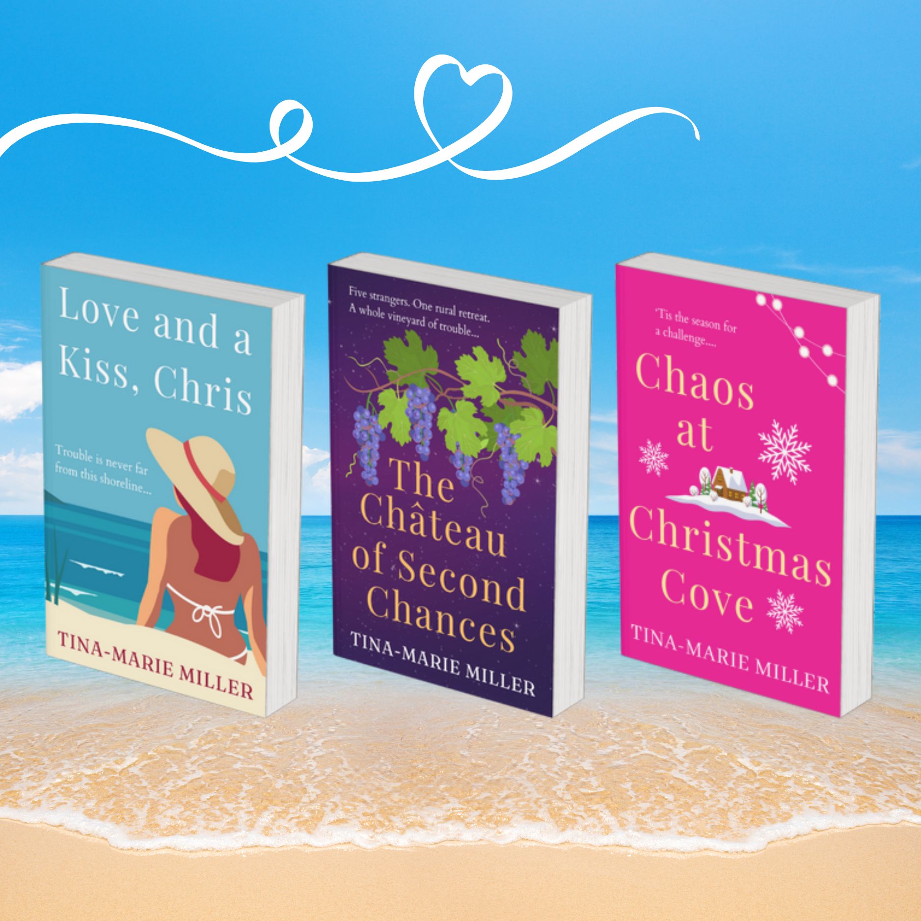 Three standalone book covers on the beach